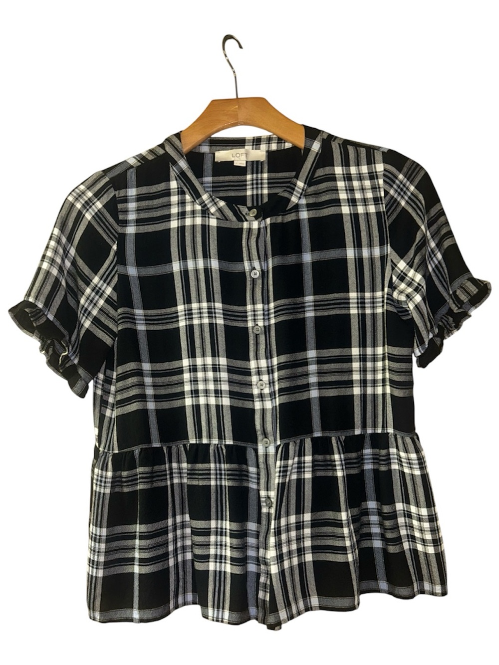 LOFT Black and White Plaid Button-Front Peplum Blouse
